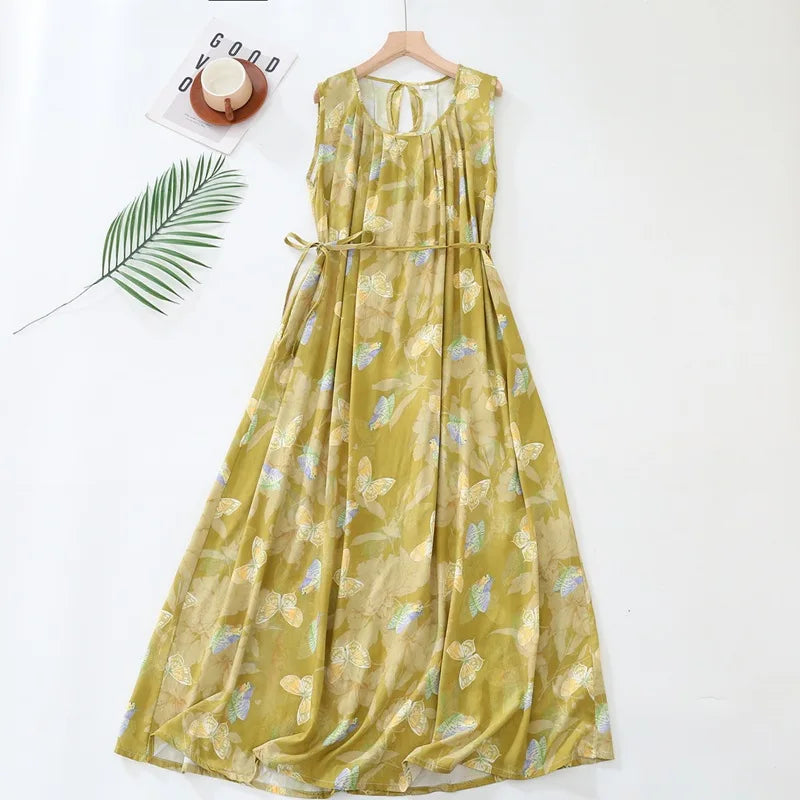 Spring Summer New Literary Artistic Style Large Size Women's Clothing Cotton Silk Printing Night Dress Lady Home Nightgowns