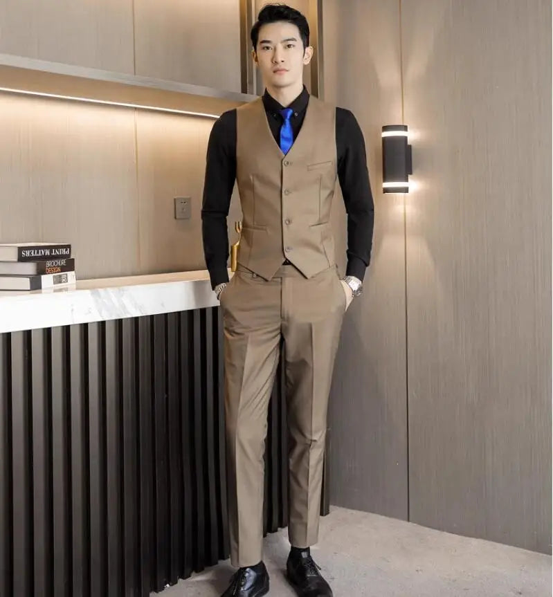 2026 Men's Bright Red V-Neck Sleeveless Vest with Pants, Green Gray Black White Purple Waistcoat and Trousers Asian Size Sets
