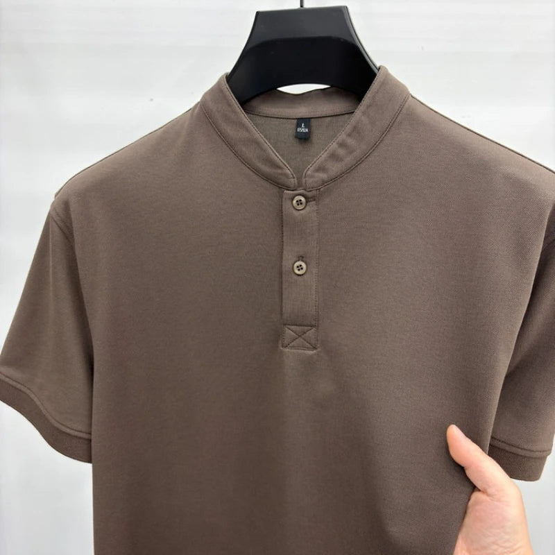 Men Summer Short Sleeve T-Shirt Little Stand Collar Solid Color Casual Loose Tee with Side Split Hem