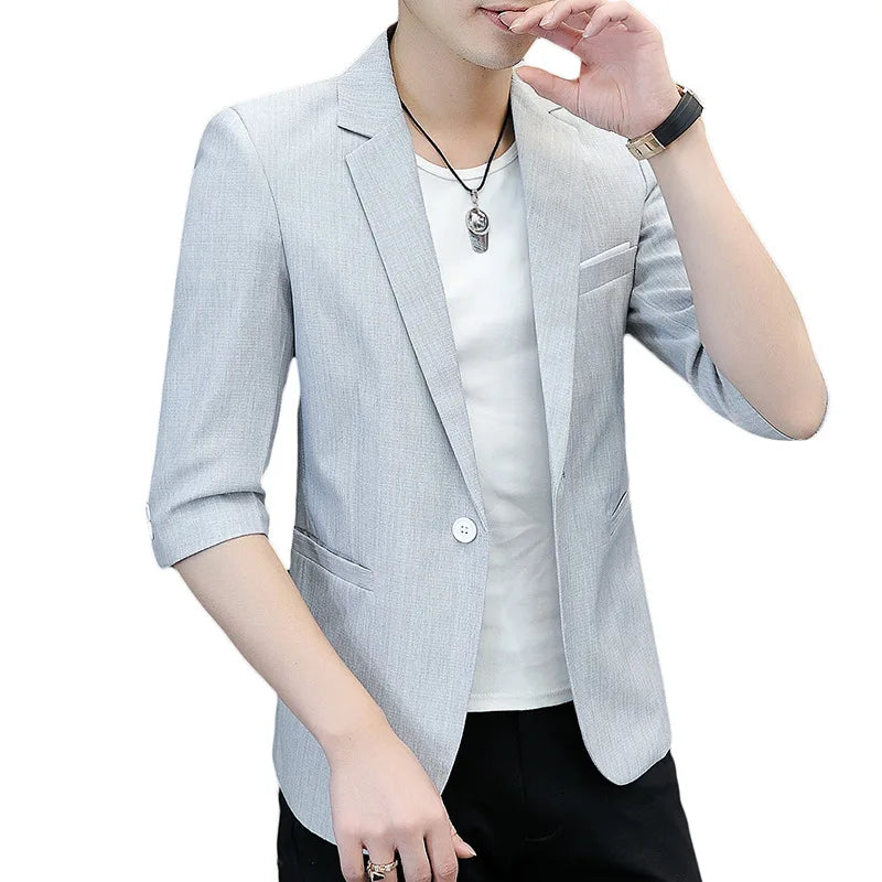 2026 New Thin Section Men's Linen Seven-quarter Sleeve Blazer, Fashionable Slim Summer Jacket, Beige Gray Light Green Optional