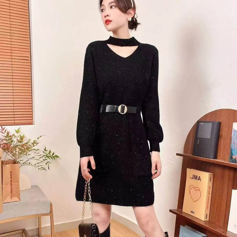 Red Knitted Primer Dress for Women's Autumn Winter French Retro Slim Inner Medium Long Sweater Thicken Warm Pullover Dresses