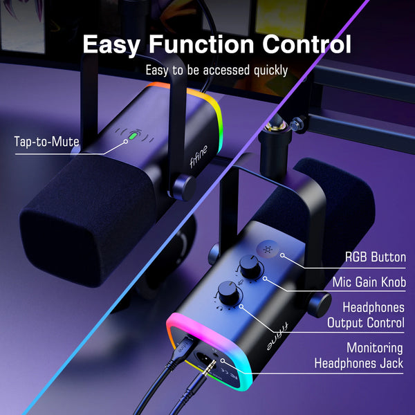 ឈុតមីក្រូហ្វូន FIFINE Dynamic XLR ជាមួយដៃប៊ូមសម្រាប់ Mixer, ឈុតមីក្រូហ្វូនលេងហ្គេម USB ជាមួយ RGB, ការគ្រប់គ្រងកម្រិតសំឡេងសម្រាប់កុំព្យូទ័រ PS5/4 AmpliGame AM8T