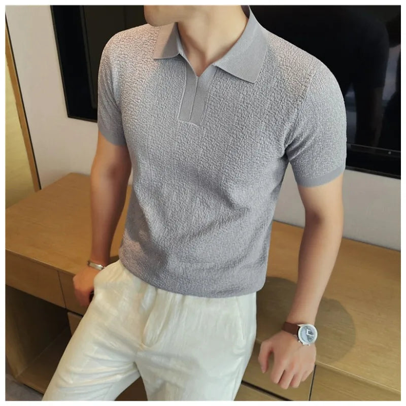 Men's Summer Cooling Ice-Silk High-Stretch Polo Shirt – Breathable Slim-Fit Short Sleeve Business Casual Top with Textured Knit