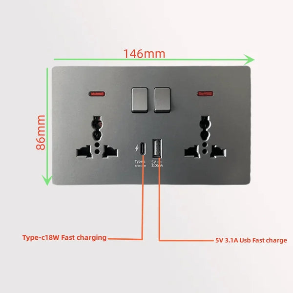 រន្ធដោតជញ្ជាំងឆ្លាតវៃ 3.1A USB C ពណ៌ខ្មៅជាសកល, រន្ធដោតសាកលឿនប្រភេទ C 18W របស់ចក្រភពអង់គ្លេស, រន្ធពីរជាមួយសូចនាករថាមពល