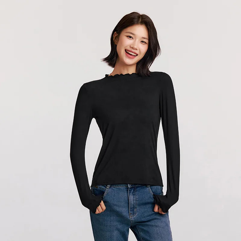 Semir Women Tshirt Thermal Warmth Antibacterial Fabric Slim Fit Solid Color Everyday Style Ruffle Detail Layering Essential