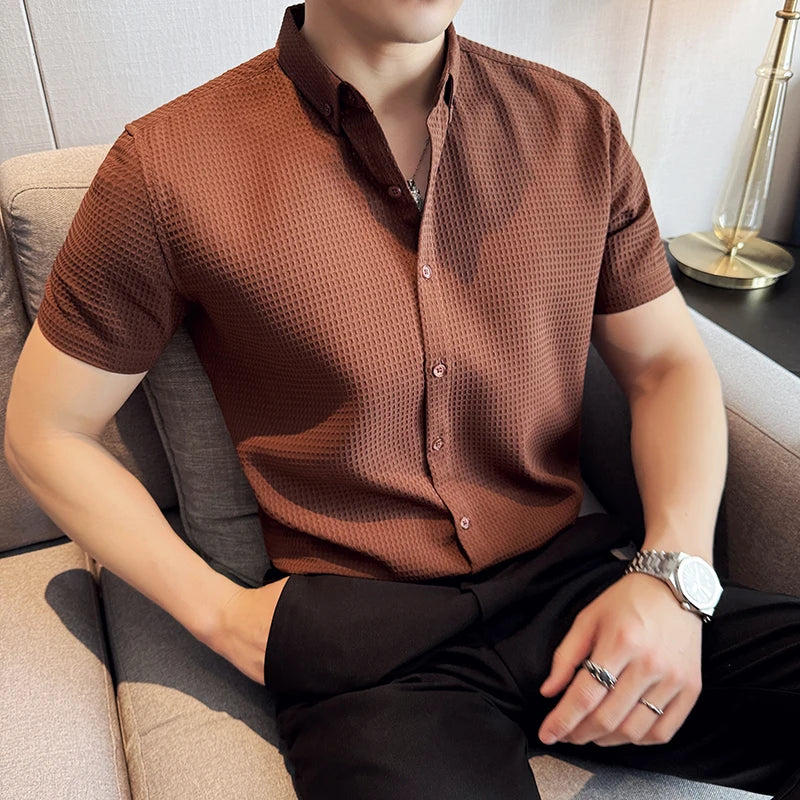 Thin Waffle Shirt, Non-Ironing Business Slim Shirt, Men's Short Sleeve Shirt Brown，Exquisite Business Short-Sleeved Shirt