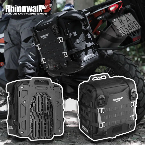 កាបូបម៉ូតូ Rhinowalk 2 ដុំ ការពារទឹកជ្រាប កាបូបដាក់លើកែបម៉ូតូទំហំ 35 លីត្រ ងាយស្រួលដោះចេញ ជាមួយនឹងបន្ទះទ្រទ្រង់ ប្រព័ន្ធ Molle ការពារការលួច