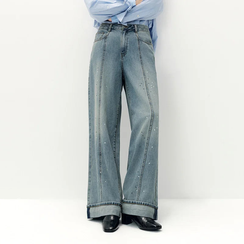 Semir Women Jeans Cuffed Split Wide Leg Loose Long Leg Look 2026 Autumn Street Style Soft Casual Denim Pants Daily Wear