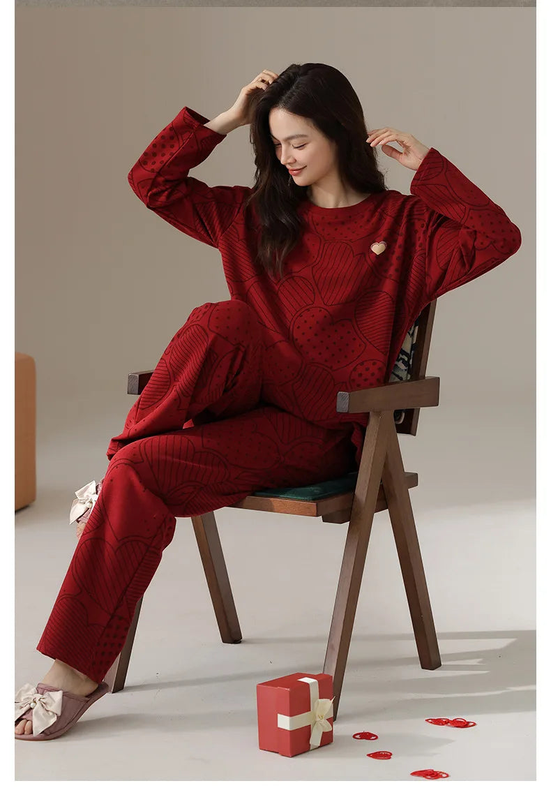 New Year Red Women's Pajamas Set Spring Autumn Long Sleeve Trousers Sets Fashion Sleepwear Pyjamas Femme Nightwear Home Pijama