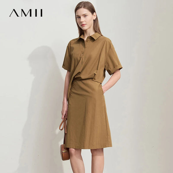 Amii Minimalist Premium Shirtdress Women 2026 Summer New Office Lady Casual Half Placket Solid Pleated Straight Dresses 12522068