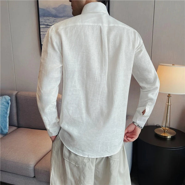 Men's 100% Linen Long-Sleeve Shirt – Old Money Style Lightweight Breathable Business Casual White Button