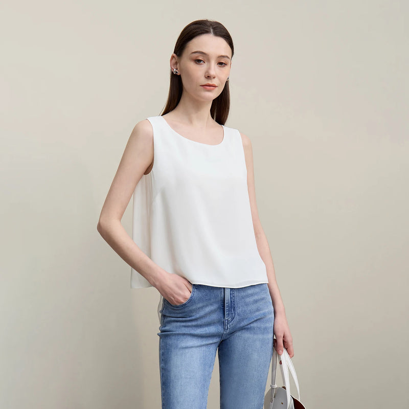 Amii Sleeveless Blouse For Women 2026 Summer New Round Neck Chiffon Tank Top Loose Flowy Sheer Lace Women's Camisole 12642035