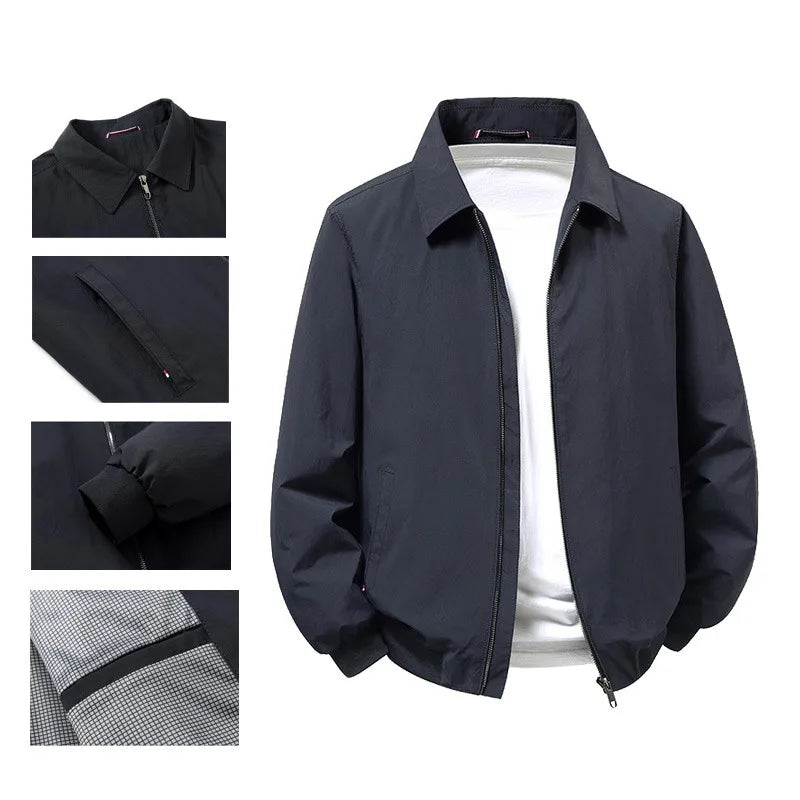 Men's Casual Turn-down Collar Jacket Lightweight Windproof Anti-Wrinkle Zip Front Spring Autumn Coat
