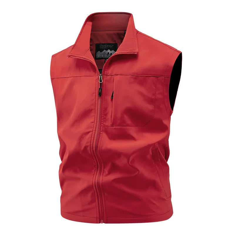 Men's Red Sleeveless Vest Jacket, Perfect for Summer Fishing or Casual Wear, Available in Blue, Black, Green, Beige, and Gray.