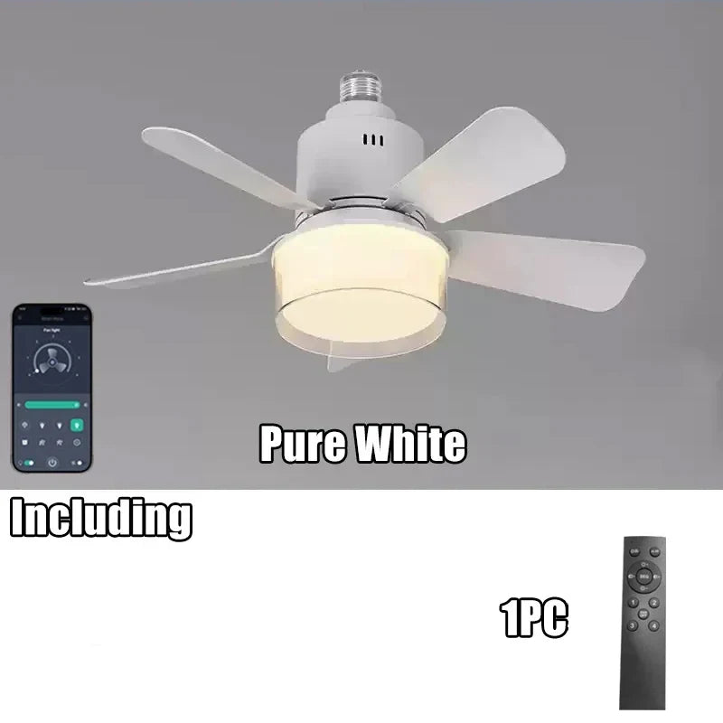 កង្ហារពិដានឆ្លាតវៃ E27 អំពូល LED APP បញ្ជាដោយប៊្លូធូស 3 ល្បឿន កង្ហារពិដានស្ងាត់ អាចបន្ថយពន្លឺបាន សម្រាប់ការតុបតែងបន្ទប់គេង