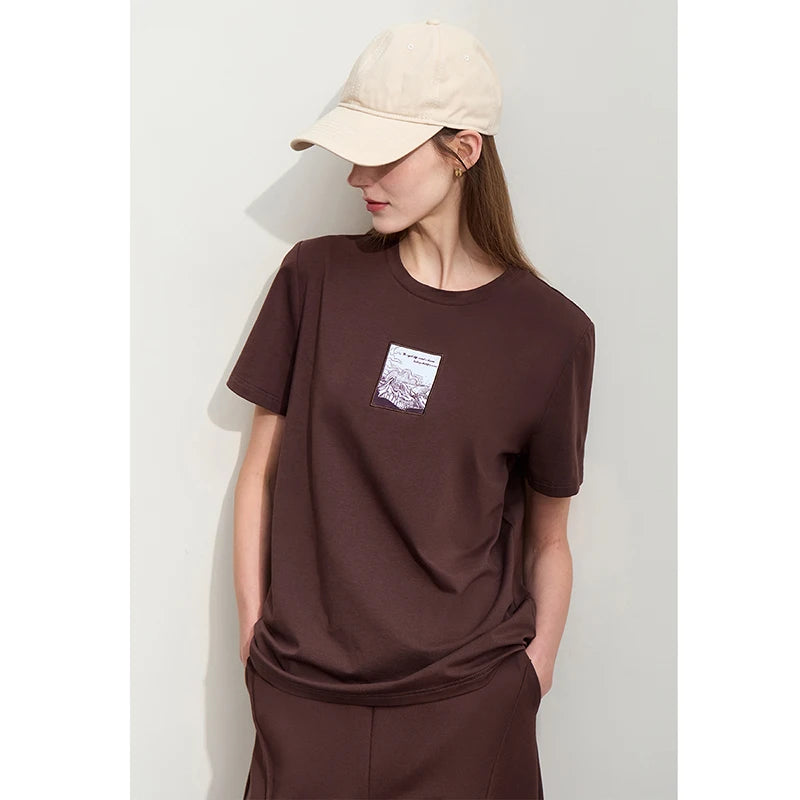 អាវយឺត Amii Minimalism 2025 សម្រាប់ស្ត្រីរដូវស្លឹកឈើជ្រុះថ្មី O-Neck កប្បាសប៉ាក់មូលដ្ឋានដៃខ្លីម៉ូដទាន់សម័យសម្រាប់ស្ត្រី 12422080