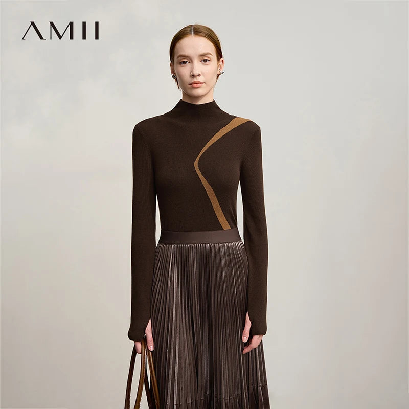 អាវយឺត AMII សម្រាប់នារី 2025 រដូវរងាថ្មី អាវយឺតកខ្លីបែបសាមញ្ញសម្រាប់នារី អាវដៃវែងប៉ាក់ 12524098