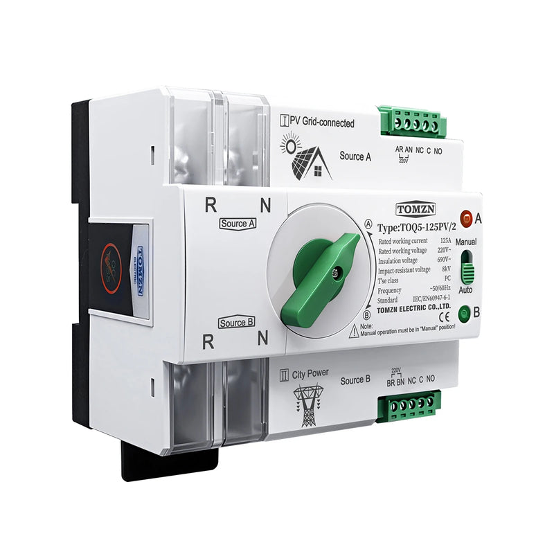 TOMZN Single Phase DIN Rail ATS PV and Inverter Dual Power Automatic Transfer Selector Switches Uninterrupted 2P 63A 100A 125A