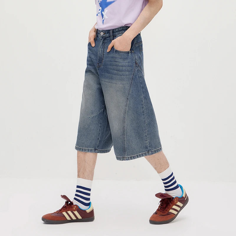 Semir Denim Shorts Men 2026 Summer Wide Leg Washed Vintage Faded Urban Street Style Cropped Knee Length