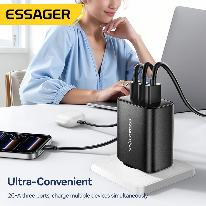 ឆ្នាំងសាក Essager 65W GaN ឆ្នាំងសាក Quick Charge 4.0 USB C សម្រាប់ iPhone 17 16 15 Pro Max កុំព្យូទ័រយួរដៃ Macbook Air ថេប្លេត PD ឆ្នាំងសាកលឿន