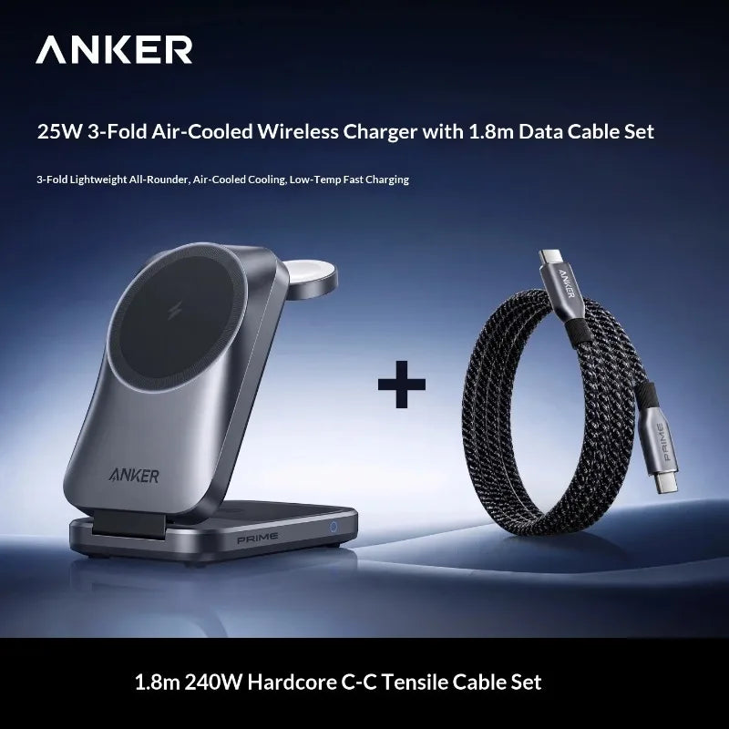 ឆ្នាំងសាកឥតខ្សែ Anker B25N1 3-in-1 អាចបត់បាន Qi2 MagSafe 25W សម្រាប់ធ្វើដំណើរចល័ត សម្រាប់ iPhone Apple Watch AirPods