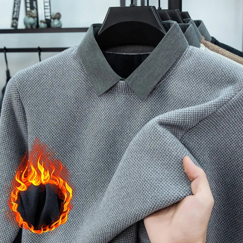 Men's Warm Two-Layer Sweatshirt with Sherpa Lining - Casual Autumn Winter Wear for Daily Outings Shirt Collar Pullover