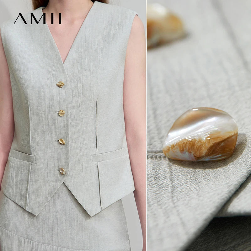 អាវក្រៅក V បែប Minimalist សម្រាប់នារីការិយាល័យរដូវក្តៅ AMII អាវកាក់រឹង សំពត់វែងដាច់ដោយឡែកពីគ្នា សម្លៀកបំពាក់នារី 12542277