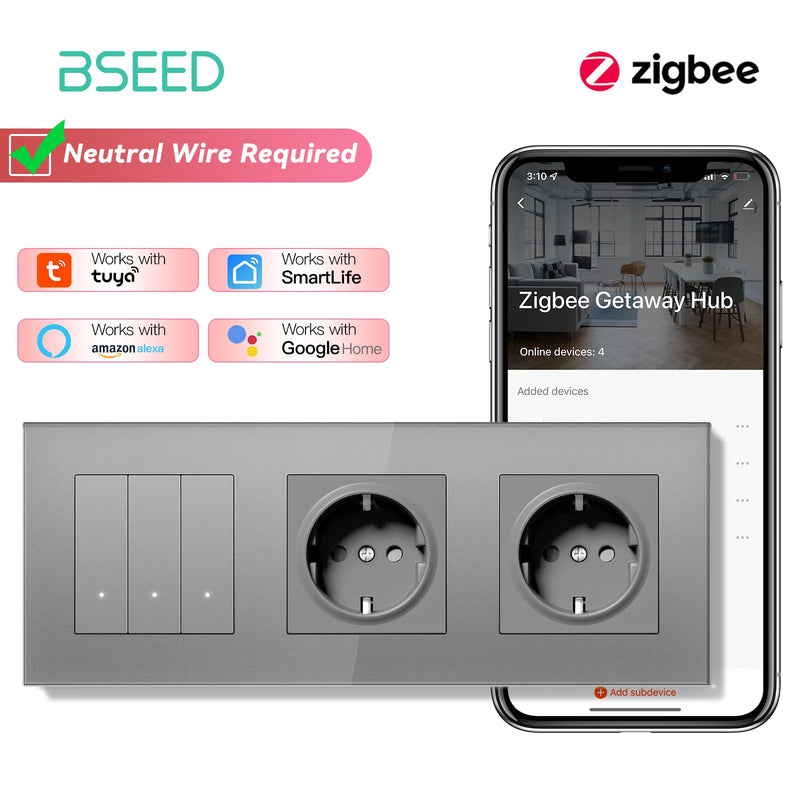 BSEED 1/2/3/4Gang Zigbee Smart Click Button Switch With EU Socket Glass Panel White LED Indicator Tuya Smart Life Alexa Control