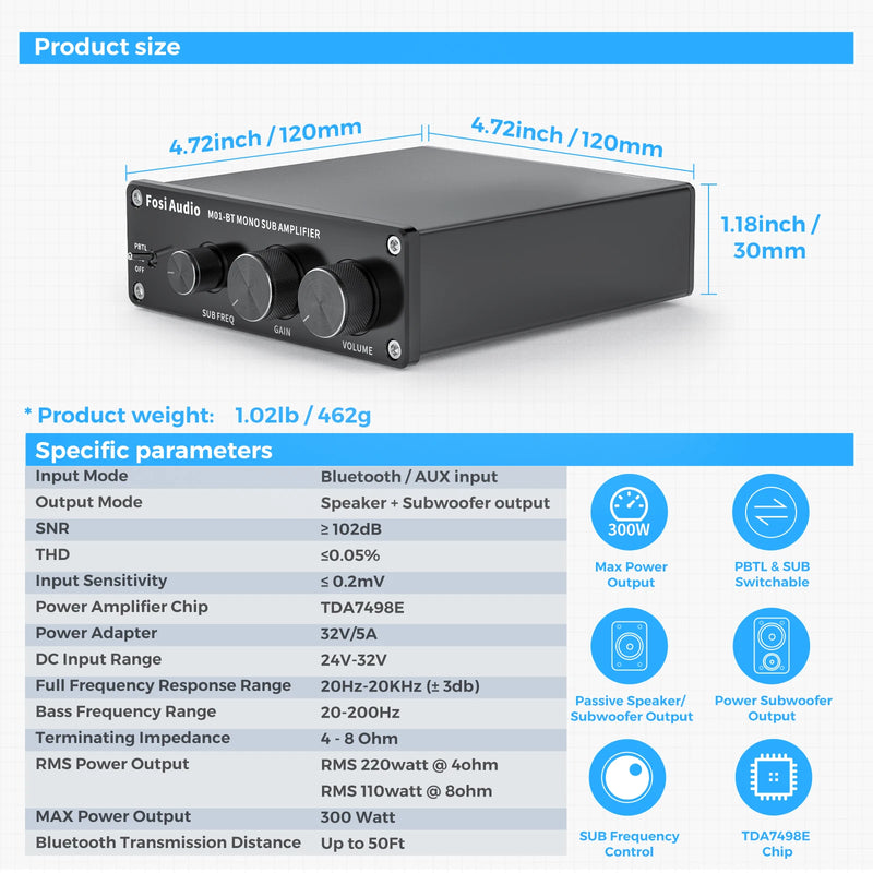ឧបករណ៍បំពងសម្លេងប៊្លូធូស Fosi Audio 300W M01-BT អំភ្លីម៉ូណូមួយឆានែលសម្រាប់ឧបករណ៍បំពងសម្លេងនៅផ្ទះ
