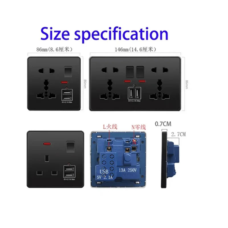 Black Uk 13A Smart Fast Charging Type C18W Charging Socket,1gang2way Wall Light Switch ,Universal Double Five-hole USB C Outlet