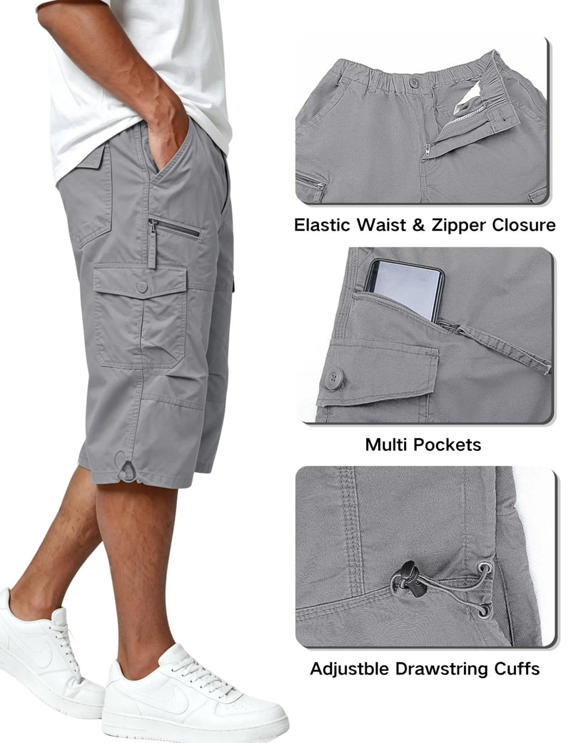TACVASEN Mens Cargo Below Knee Length 3/4 Long Shorts Summer Breathable Outdoor Capri Pants Twill Work Pants With Multi Pocket