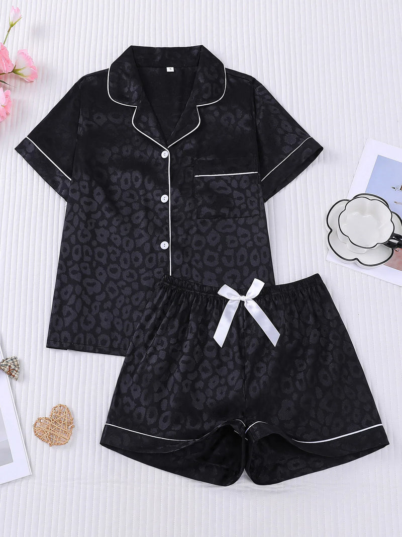 Leopard Print Summer Pajamas with Shorts Lapel Collar Tops Loungewear Sets Woman Nightwear New Ice Silk Short Sleeve Sleepwear