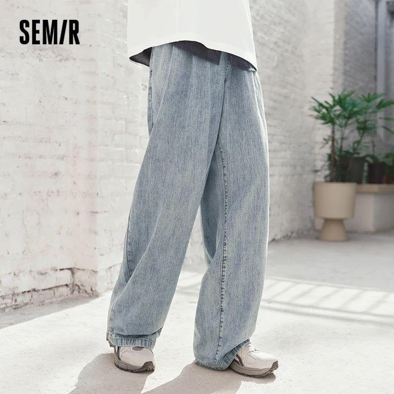 Semir Men Pants Denim Cotton Skin Friendly Loose Wide Leg Elastic Waist Drawstring Micro Pleated 2026 Summer Casual Style Fashio