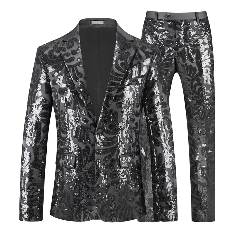 2026 New Men's Silver Suit Two-Piece Set, Wedding Party Jacket with Matching Pants, Asian Sizes, Available in Gold, Red, Blue