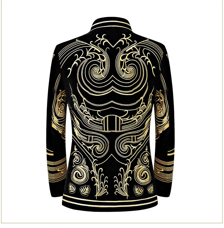 Spring Men's Black Performance Suit Jacket, Gold Embroidered Formal Outerwear, Corduroy Fabric Top, Asian Sizes Blazers, M-5XL.