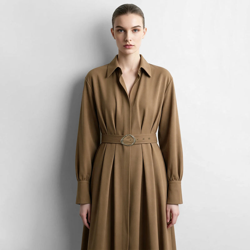 Amii Slim Women's Dress 2026 Autumn New Lapel Collar Office A-Line Midi Dresses D-ring Belt Long Sleeve Woman Clothes 12623020