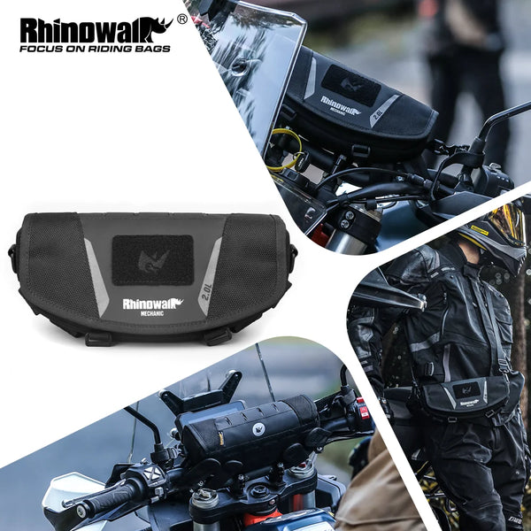 កាបូបដៃចង្កូតម៉ូតូ Rhinowalk ការពារទឹកជ្រាប 2L ប្រអប់ផ្ទុកខាងមុខជាសកល ជាមួយនឹងគម្របភ្លៀងសម្រាប់ BMW1250ADV KTM890 CF450 Kawasaki