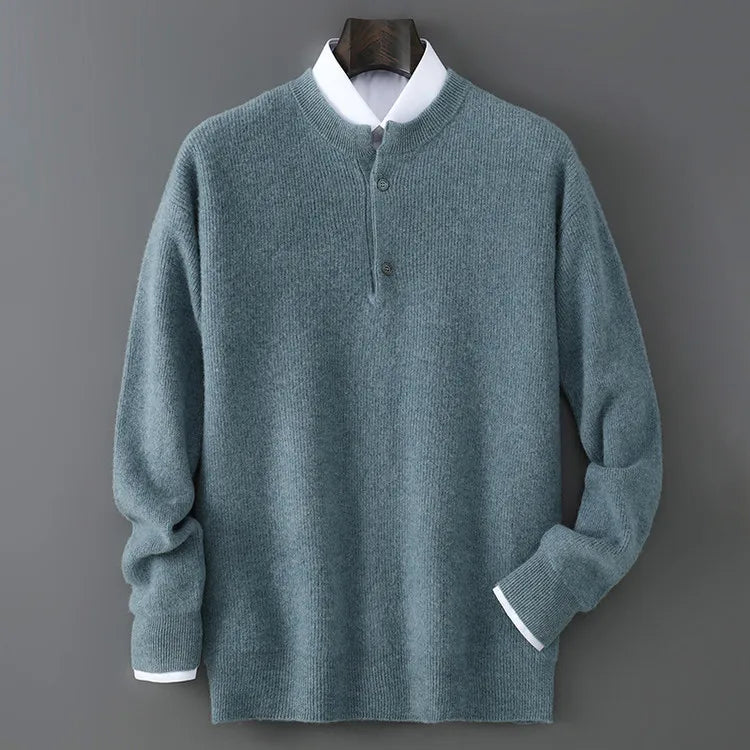 100% Wool Sweater, Round Neck Button Detail, Solid Jacquard Knit, Loose Fit Autumn Winter