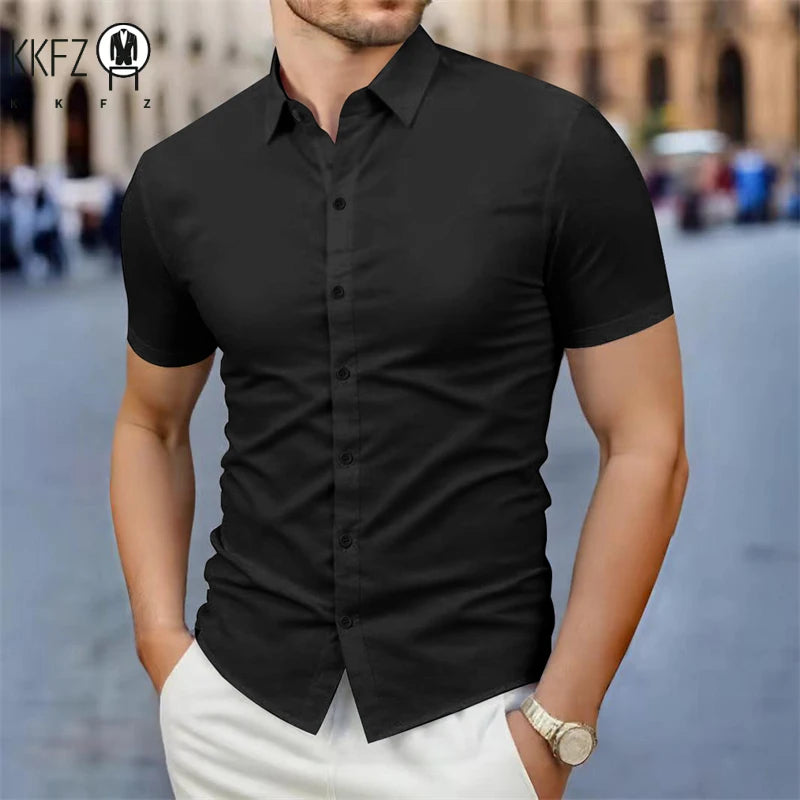 Men's Business Casual Solid Color Short Sleeve Shirt Summer Fashion No Ironing Comfortable Versatile Top for Men