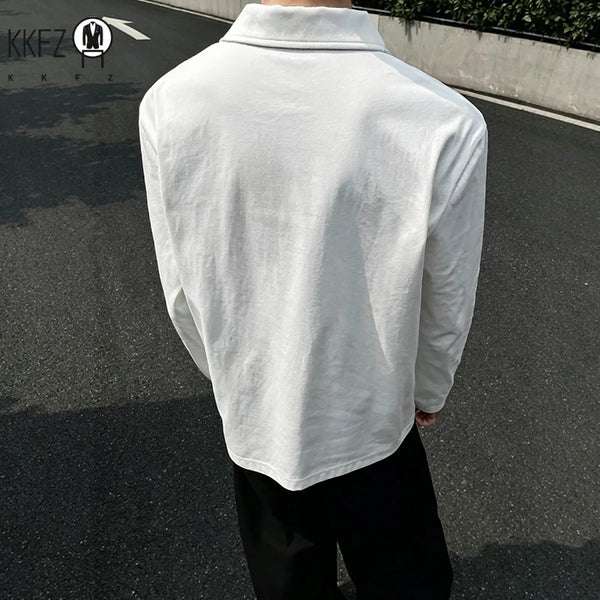 Mens Casual Polo Pullover Lapel Collar Long Sleeve Raglan Cut Button Front Loose Silhouette Mesh Spliced Fabric Daily Outfit