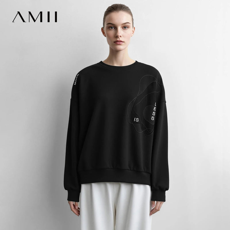 Amii Woman Sweatshirts 2026 Autumn New Crew Neck Drop Shoulder Long-sleeve Top Letter Embroidered Loose Casual Sweater 12623010