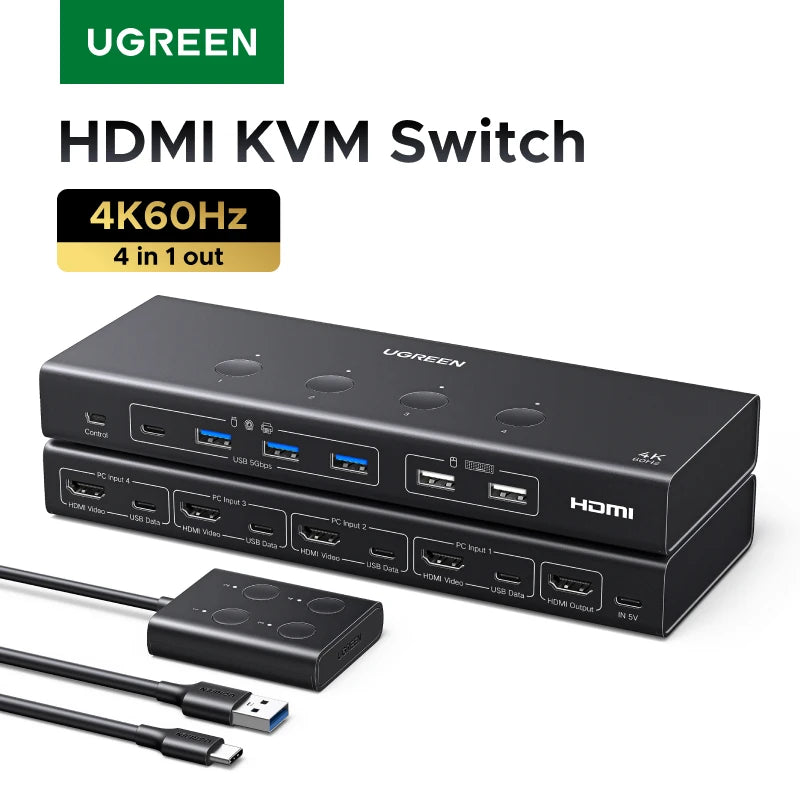 UGREEN HDMI KVM Switch 4 in 1 Out 4K@60Hz Switch with Remote Control USB 3.0 5Gbps Ultra-fast Transfer Monitor Keyboard Mouse