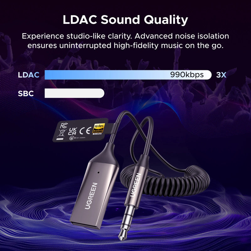 UGREEN Aux to Bluetooth 6.0 Adapter 3.5mm Bluetooth Receiver LDAC Hi-Res Audio for Car USB to 3.5mm Jack Kit with Microphone Aux