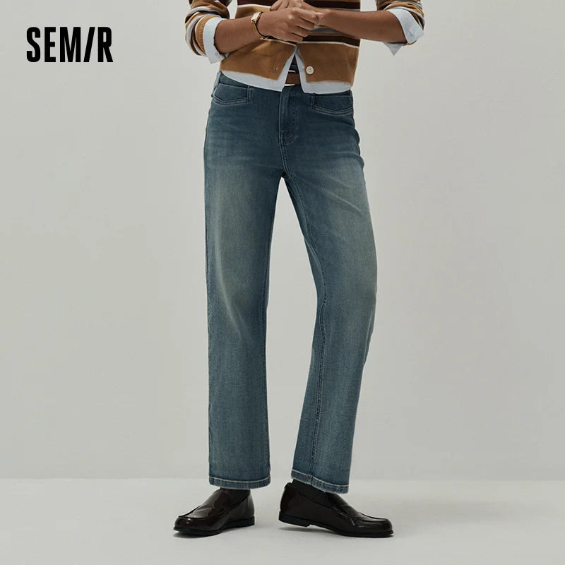 Semir Women Jeans Stretch Cropped Straight Cuffed Hem Soft Denim Casual Style Autumn Pants Urban Daily Wear 2026