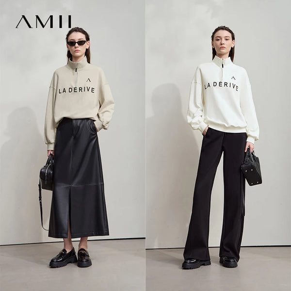 AMII Sweatshirts for Woman 2026 Autumn New Long Sleeve Tops Casual Knit Cotton Turtleneck Embroidered Woman Sweatshirts 12523031