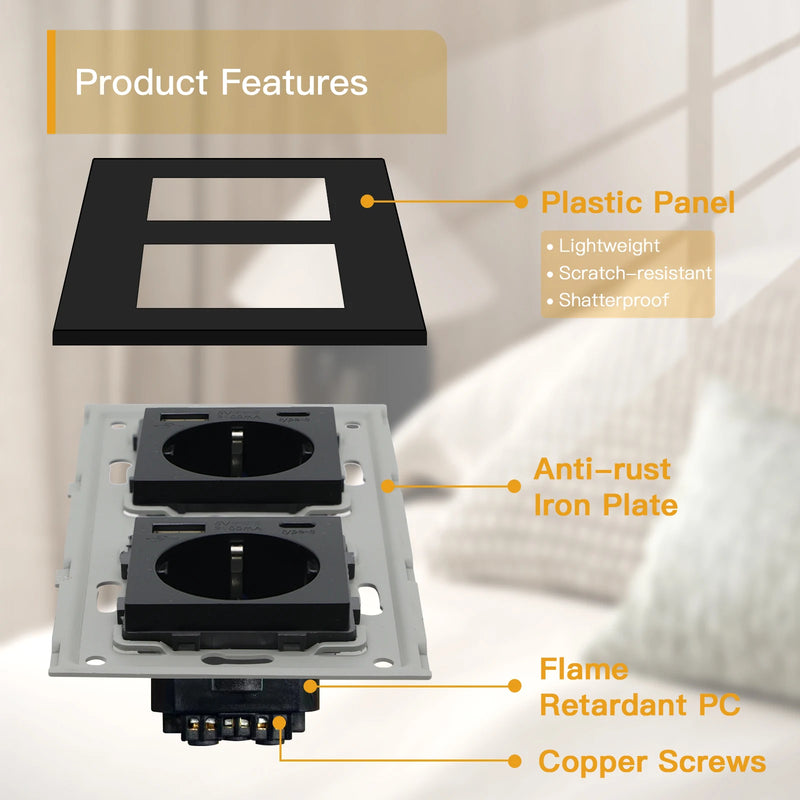 BSEED EU Button Switches With Power Socket 1/2/3Gang 1Way Electrical Outlets With USB Type-C Wall Socket 16A Plastic Panel