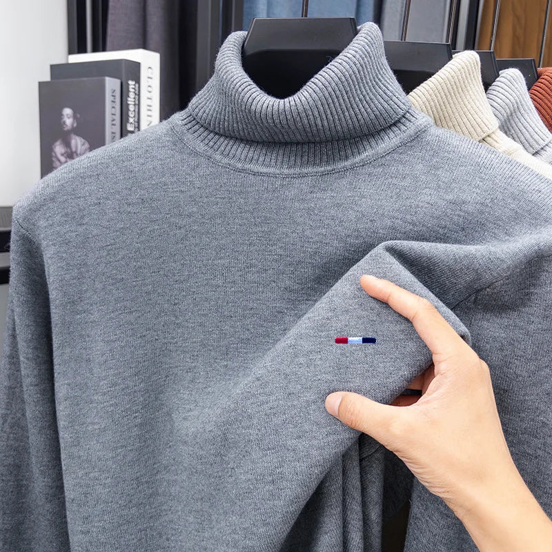 Luxury Men's Long-Sleeved Knitwear High Neck Striped Embroidery Pullover Sweater for Autumn Winter Leisure Daily Commute Versati