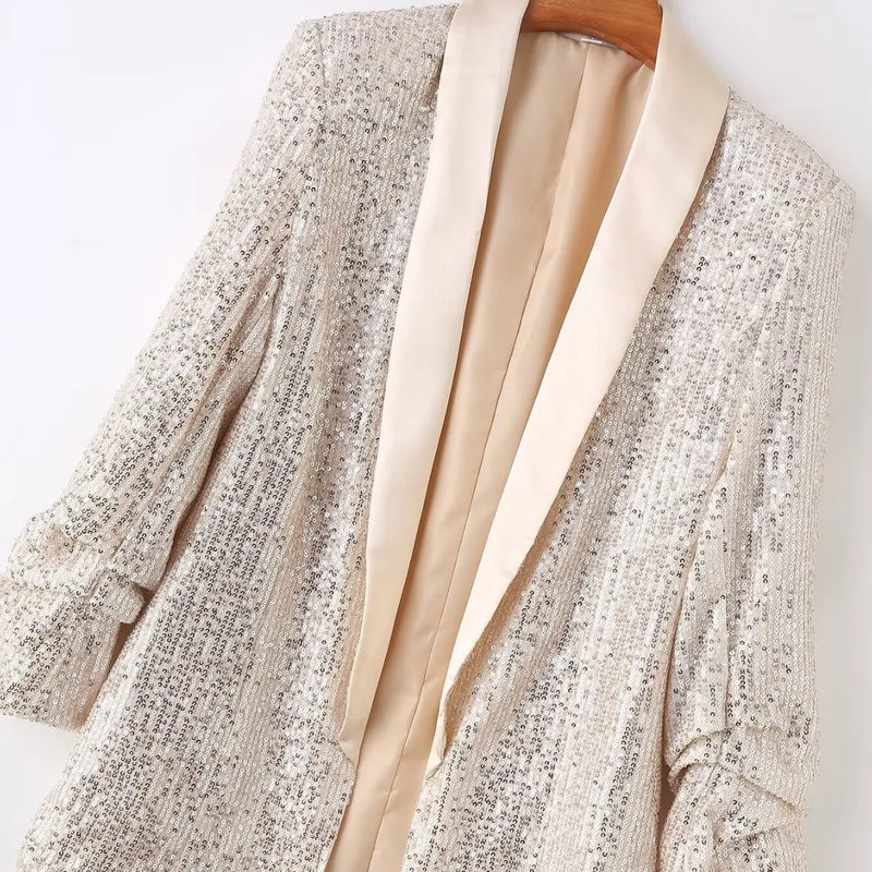 New Arrivals: Apricot-colored Women's Long-sleeve Cardigan; Jacket with Gold Circular Sequin Embellishments.