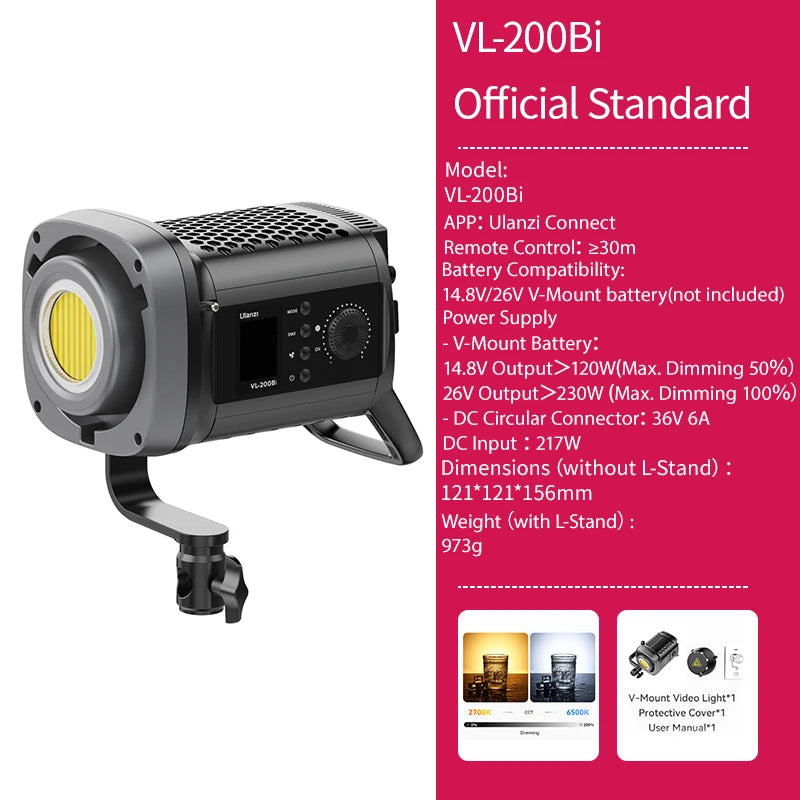 ភ្លើងវីដេអូ Ulanzi VL-120Bi VL-120C 120W V-Mount COB ឥតខ្សែ គ្រប់គ្រងដោយកម្មវិធី 2700K-6500K CRI>95 សម្រាប់ស្ទូឌីយោថតរូបវីដេអូ