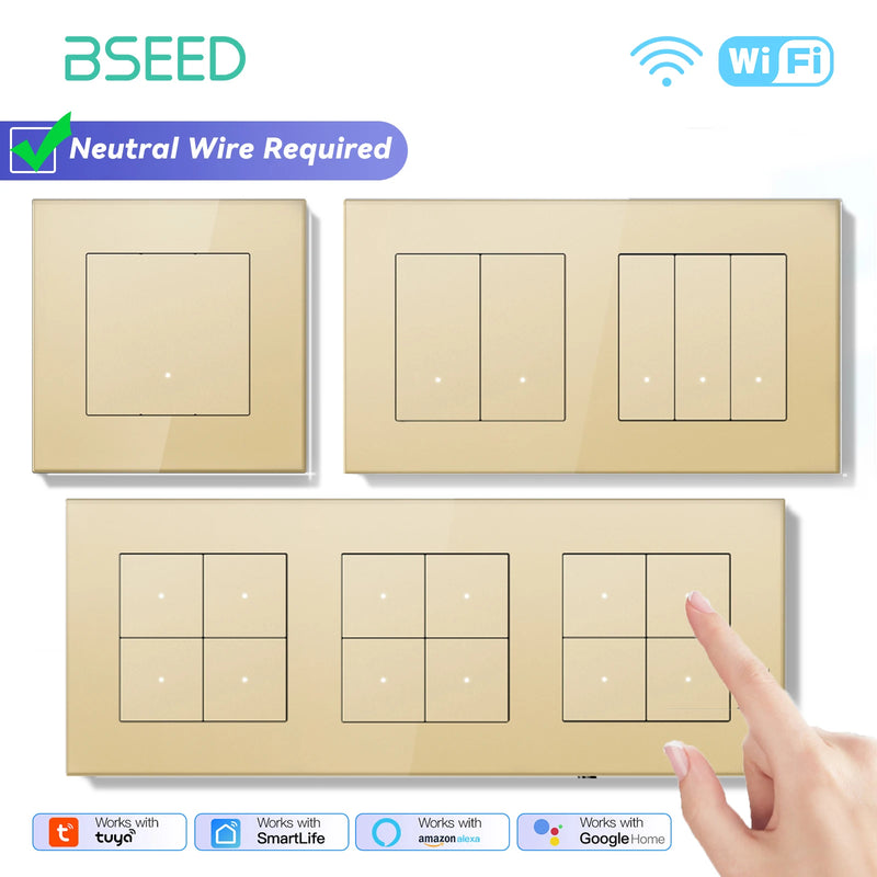 BSEED WIFI Smart Push Button Switch 1/2/3/4Gang 2Way APP Remote Control Glass Panel LED Indicator Tuya Smart Life Alexa Control